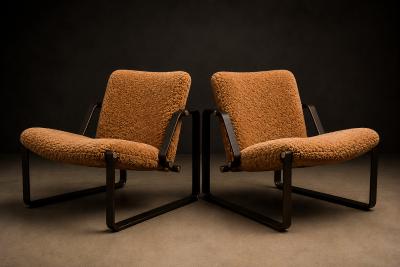Jorge Zalszupin Pair of Brazilian Modern Lounge Chairs in Camel Shearling Darkened Brass Steel