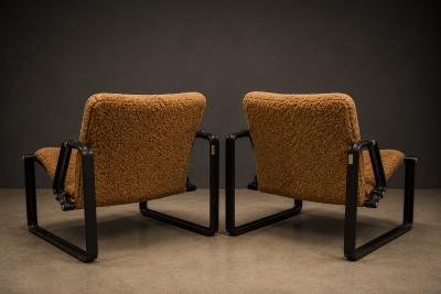 Jorge Zalszupin Pair of Brazilian Modern Lounge Chairs in Camel Shearling Darkened Brass Steel