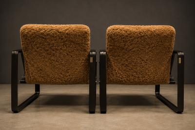 Jorge Zalszupin Pair of Brazilian Modern Lounge Chairs in Camel Shearling Darkened Brass Steel