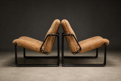 Jorge Zalszupin Pair of Brazilian Modern Lounge Chairs in Camel Shearling Darkened Brass Steel