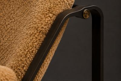 Jorge Zalszupin Pair of Brazilian Modern Lounge Chairs in Camel Shearling Darkened Brass Steel