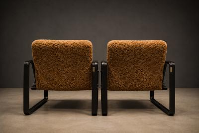 Jorge Zalszupin Pair of Brazilian Modern Lounge Chairs in Camel Shearling Darkened Brass Steel