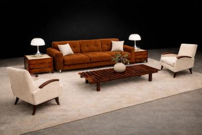 Jorge Zalszupin Pullman Sofa in Burnt Caramel Mohair with Brazilian Rosewood Buttons