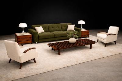 Jorge Zalszupin Pullman Sofa in Deep Olive Mohair with Rosewood Buttons by Jorge Zalszupin