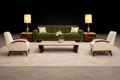 Jorge Zalszupin Pullman Sofa in Deep Olive Mohair with Rosewood Buttons by Jorge Zalszupin