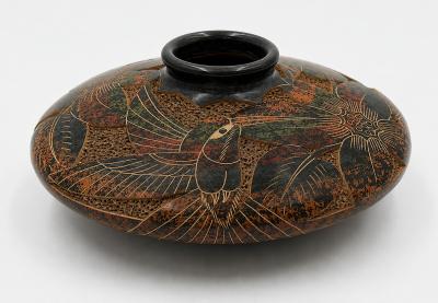 Jose Guerrero Nicaraguan Carved Hummingbird Studio Art Pottery Vessel by Jose Guerrero