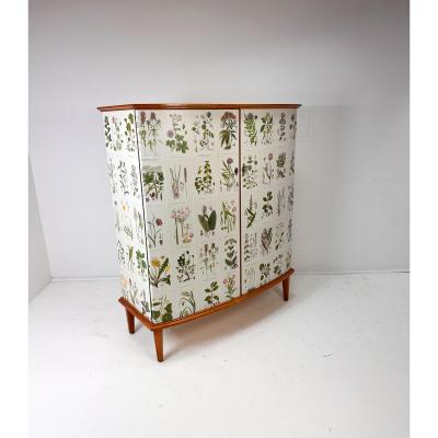 Josef Frank 1950 s Swedish Curved Front Cabinet With Nordens Flora Illustrations