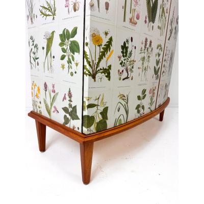 Josef Frank 1950 s Swedish Curved Front Cabinet With Nordens Flora Illustrations