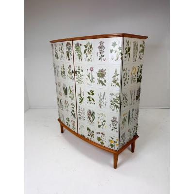 Josef Frank 1950 s Swedish Curved Front Cabinet With Nordens Flora Illustrations