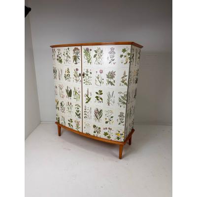 Josef Frank 1950 s Swedish Curved Front Cabinet With Nordens Flora Illustrations