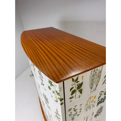 Josef Frank 1950 s Swedish Curved Front Cabinet With Nordens Flora Illustrations