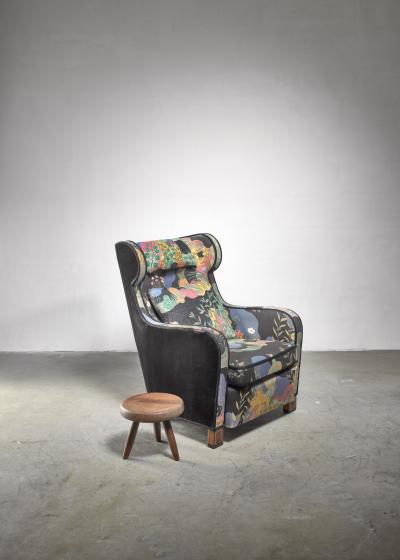 Josef Frank Modernist wingback chair with Josef Frank upholstery