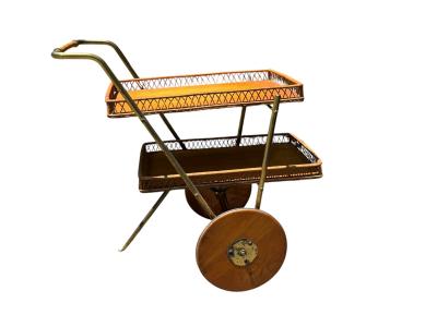 Josef Frank RARE MID CENTURY BRASS RATTAN BAR CART WITH WOODEN WHEELS BY JOSEF FRANK