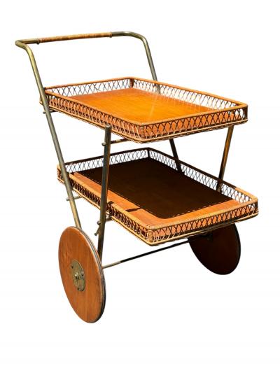 Josef Frank RARE MID CENTURY BRASS RATTAN BAR CART WITH WOODEN WHEELS BY JOSEF FRANK