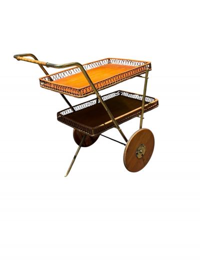 Josef Frank RARE MID CENTURY BRASS RATTAN BAR CART WITH WOODEN WHEELS BY JOSEF FRANK