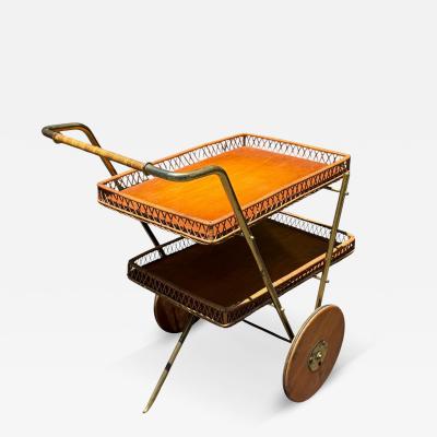 Josef Frank RARE MID CENTURY BRASS RATTAN BAR CART WITH WOODEN WHEELS BY JOSEF FRANK