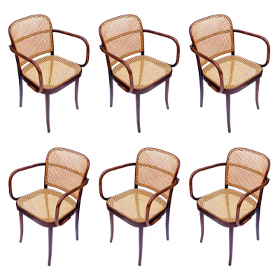 Josef Hoffmann Set of 6 Mid Century Modern Dining Prague Chairs by Josef Hoffmann Cane Wood