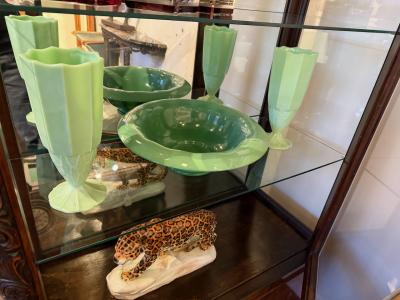 Josef Inwald Art Deco Uranium Glass Vase and Bowl Set Attributed to Inwald or Walther