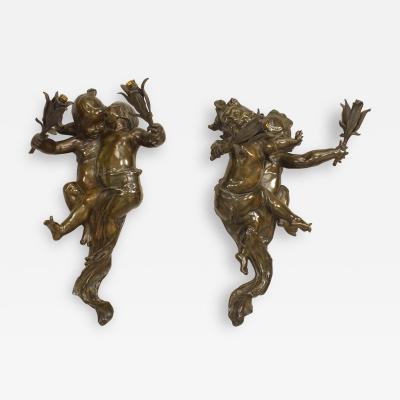 Joseph Cheret Pair of Joseph Cheret French Victorian Patinated Bronze Cherub Wall Sconces