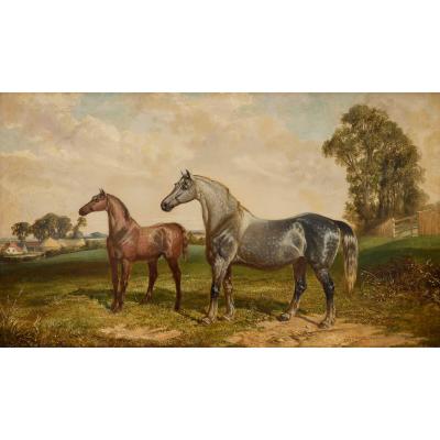 Joseph Francis Walker Large British antique oil painting of two horses by Walker