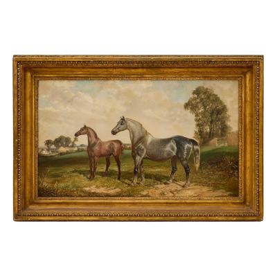 Joseph Francis Walker Large British antique oil painting of two horses by Walker