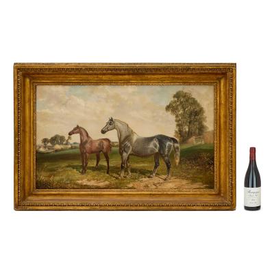 Joseph Francis Walker Large British antique oil painting of two horses by Walker