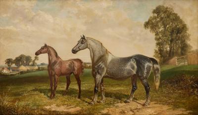 Joseph Francis Walker Large British antique oil painting of two horses by Walker