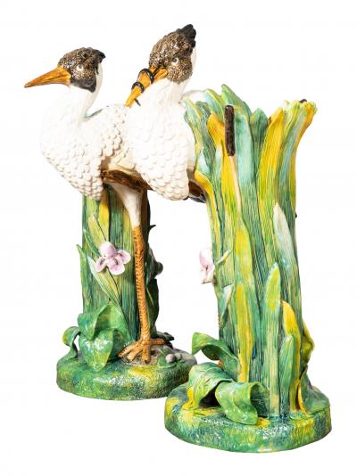 Joseph Holdcroft Pair Of Large English Majolica Stork Vases