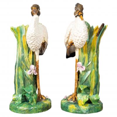 Joseph Holdcroft Pair Of Large English Majolica Stork Vases