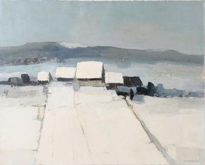 Joseph Muslin Landscape Painting on Canvas Hiver Vosgien Winter Village France
