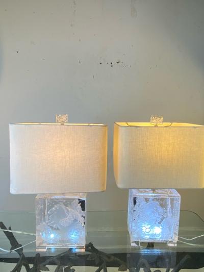 Joyce Francis FANTASTICAL PAIR OF CARVED PEGASUS LUCITE LAMPS BY JOYCE FRANCIS