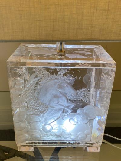 Joyce Francis FANTASTICAL PAIR OF CARVED PEGASUS LUCITE LAMPS BY JOYCE FRANCIS