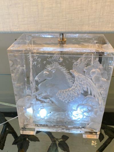 Joyce Francis FANTASTICAL PAIR OF CARVED PEGASUS LUCITE LAMPS BY JOYCE FRANCIS