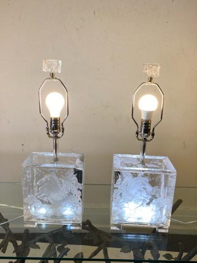 Joyce Francis FANTASTICAL PAIR OF CARVED PEGASUS LUCITE LAMPS BY JOYCE FRANCIS