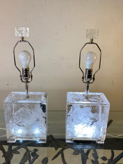 Joyce Francis FANTASTICAL PAIR OF CARVED PEGASUS LUCITE LAMPS BY JOYCE FRANCIS