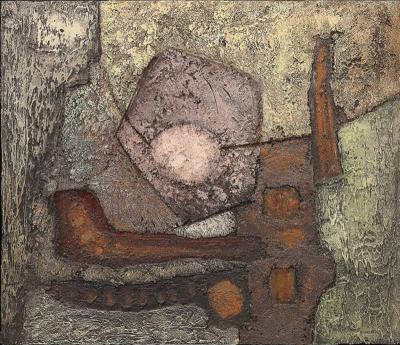 Juan Almoril Mid Century Modernist Textural Abstract Mixed Media Painting on Board