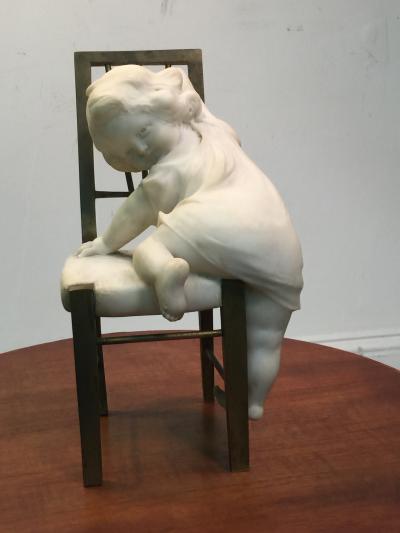 Juan Clara JUAN CLARA MARBLE CHILD ON BRONZE CHAIR SCULPTURE