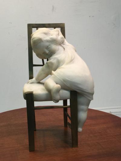 Juan Clara JUAN CLARA MARBLE CHILD ON BRONZE CHAIR SCULPTURE