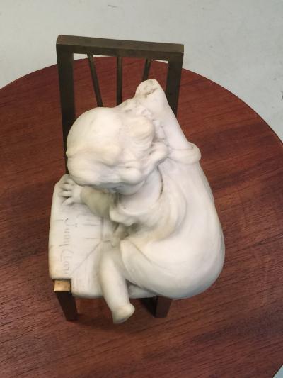 Juan Clara JUAN CLARA MARBLE CHILD ON BRONZE CHAIR SCULPTURE
