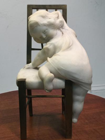 Juan Clara JUAN CLARA MARBLE CHILD ON BRONZE CHAIR SCULPTURE