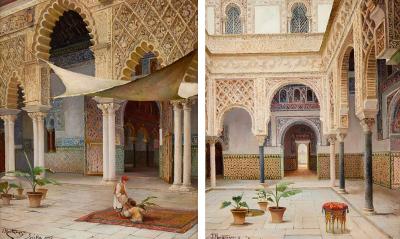 Juan Montenegro Pair of antique Spanish orientalist oil paintings by Montenegro
