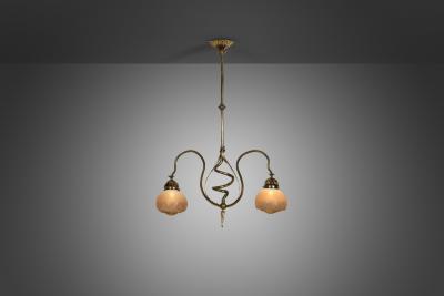 Jugend Ceiling Lamp in Patinated Brass and Glass Europe early 20th century