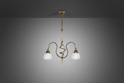 Jugend Ceiling Lamp in Patinated Brass and Glass Europe early 20th century