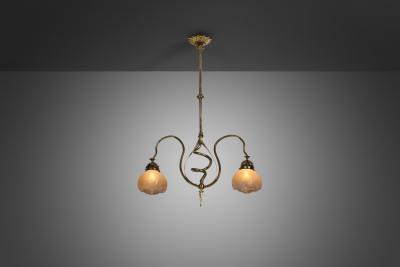 Jugend Ceiling Lamp in Patinated Brass and Glass Europe early 20th century