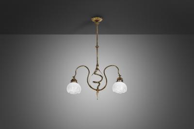 Jugend Ceiling Lamp in Patinated Brass and Glass Europe early 20th century