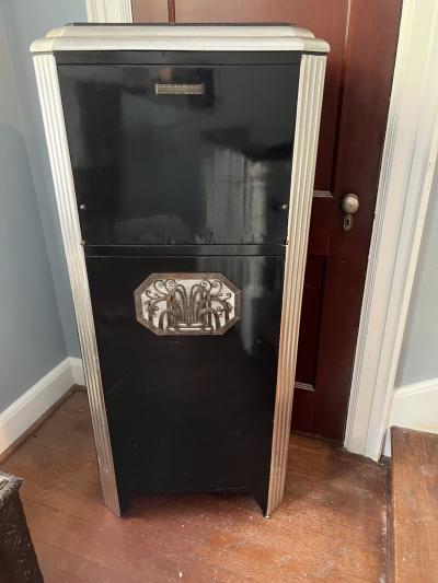 Jules Bouy BLACK AND SILVER ART DECO CABINET WITH NICKELED BRONZE HANDLES FOUNTAIN PLAQUE