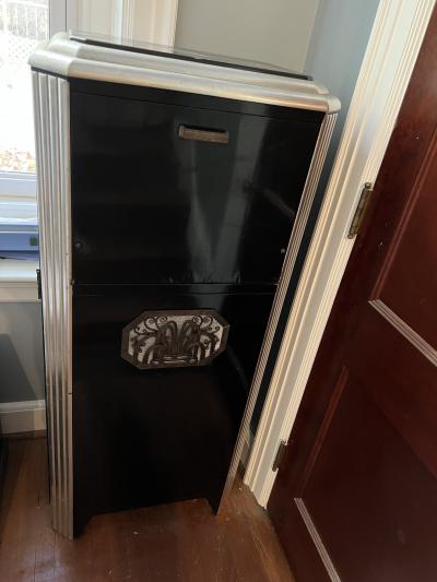 Jules Bouy BLACK AND SILVER ART DECO CABINET WITH NICKELED BRONZE HANDLES FOUNTAIN PLAQUE