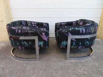 Jules Heumann Gorgeous Pair of Metropolitan Wide Seat Chrome Barrel Back Lounge Chairs