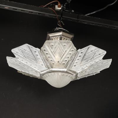 Jules Leleu Art Deco Frosted Glass Cubist Geometric Detail Fluted Chandelier Signed Leleu