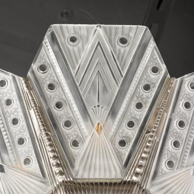 Jules Leleu Art Deco Frosted Glass Cubist Geometric Detail Fluted Chandelier Signed Leleu